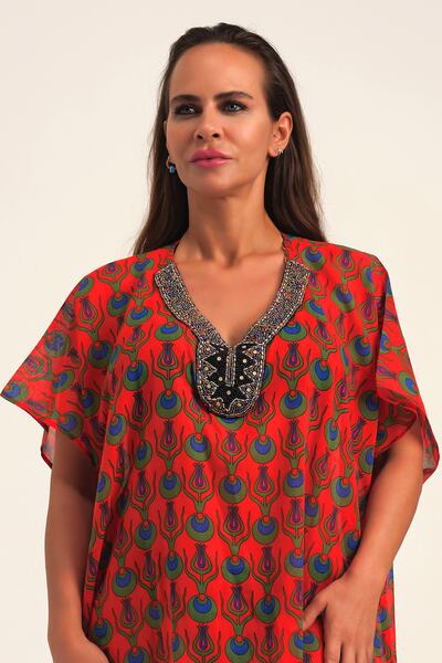 Marever Fashion Handcrafted Lame Collar Tulip Patterned Red Summer Beach Dress