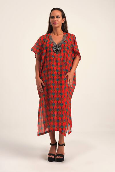 Marever Fashion Handcrafted Lame Collar Tulip Patterned Red Summer Beach Dress