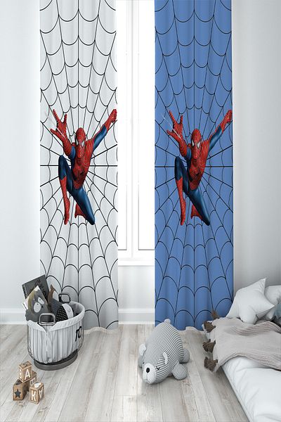 BAMBAŞKA MODA Baby and Children's Room Spiderman Network Two Wing Background Curtain Bmfp-252