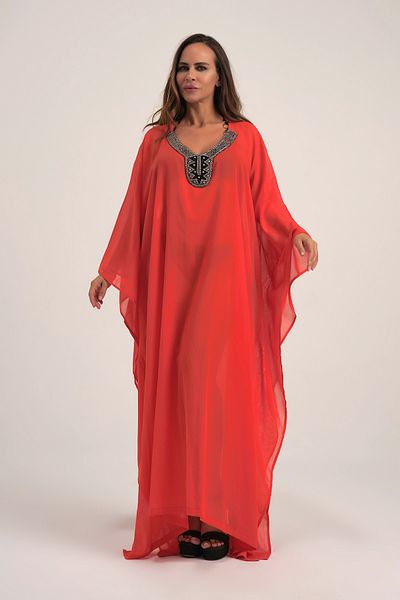 Marever Fashion Handcrafted Lame Collar Red Long Sleeve Beach Dress