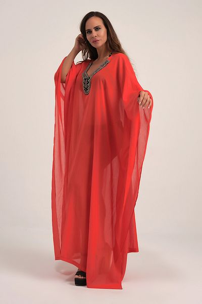Marever Fashion Handcrafted Lame Collar Red Long Sleeve Beach Dress