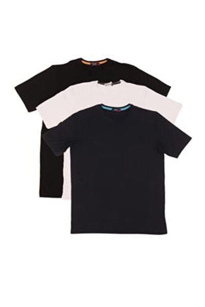 MODA Set de 3 tricouri din bumbac pieptănat pentru bărbați - Guler rotund, cr...