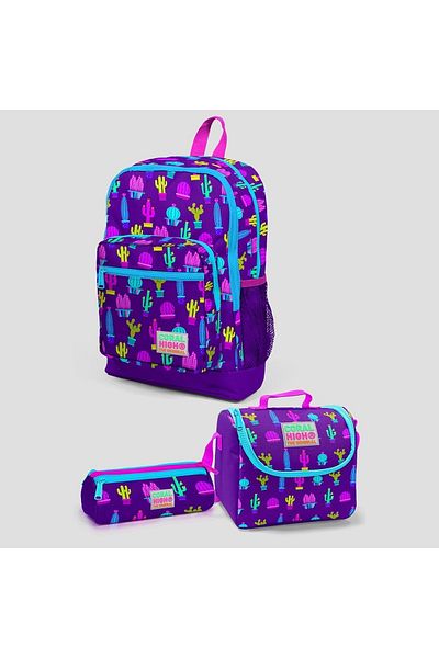 Coral High Rucsac de școală cu patru compartimente, cu model de cactus violet, roz, cutie de prânz termo și top