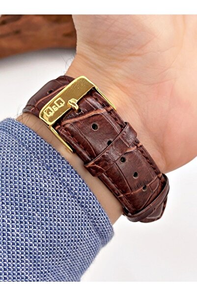 Q&Q Qz22j99es Double Time Zone Leather Band Men's Wristwatch