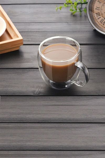 KÜÇÜK EW Cană din sticlă cu geam dublu, cu perete dublu, ceașcă pentru biroul de acasă, 250 ml, cu două straturi, cu izolare termică, cu mâner