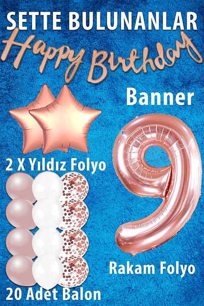 Patladı Gitti Rose Gold Concept 9 Year Old Birthday Celebration Set; White Gold Confetti Balloon, Number Star Foil and B