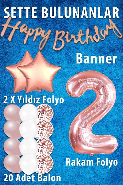 Patladı Gitti Rose Gold Concept 2 Year Birthday Celebration Set; White Gold Confetti Balloon, Number Star Foil and B