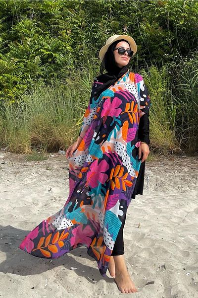 Remsa Mayo Patterned Single Kaftan Pareo on Hijab Swimsuit 430-132 Fuchsia