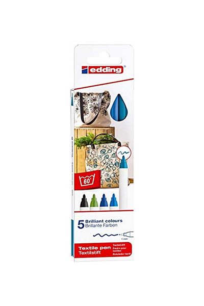 Edding 4600 Textile Pen - Black, Blue, Light Blue, Light Green, Oriental Blue - Set of 5 - 1 mm H