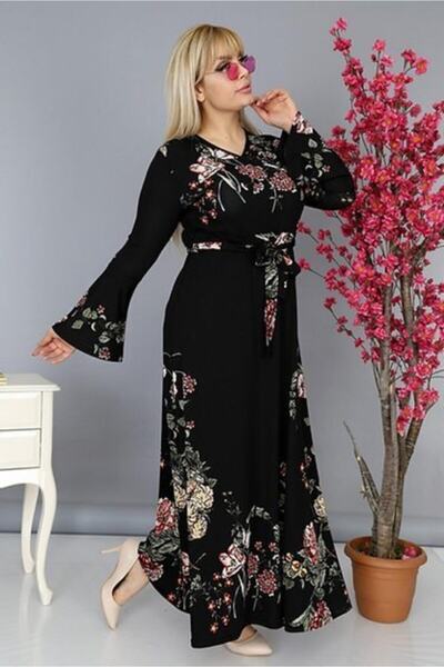 Şirin Butik Γυναικείο φόρεμα με μαύρο φλοράλ σχέδιο με διπλό γιακά με μανίκια