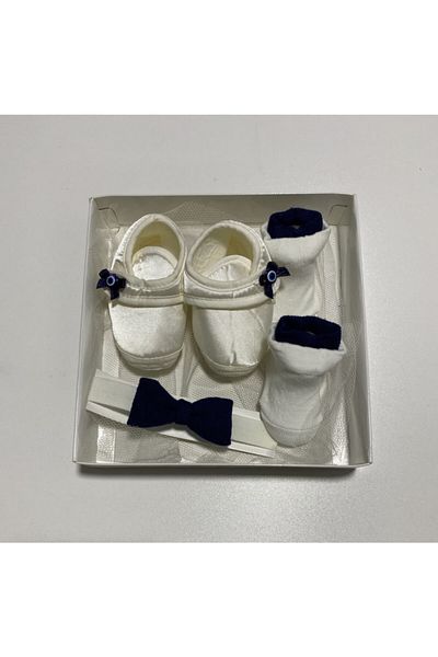 Yumese Baby Boy Ecru Evil Eye Beaded + Bow Tie Booties Set