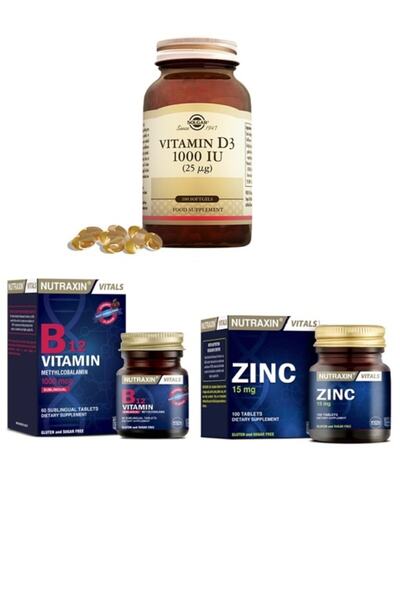 Solgar Vitamin D3 1000 Iu 100 Kapsül + Nutraxin Vitamin B12 60 Dilaltı Tablet + Zinc Sulphate 100 Tablet