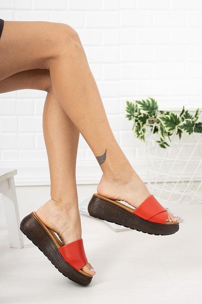 Taran Women's Red Linda Wedge Heel Casual Thick Soled Slippers