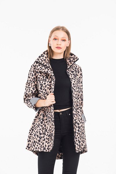 ladyzey Women's Leopard Printed Drawstring Waist Foldable Sleeve Lined Trench Coat