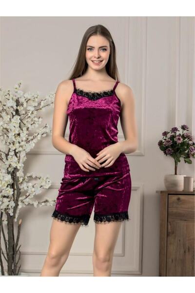 ARCAN Kadın Fuşya Kadife Ip Askılı Dantelli Şortlu Pijama Takımı