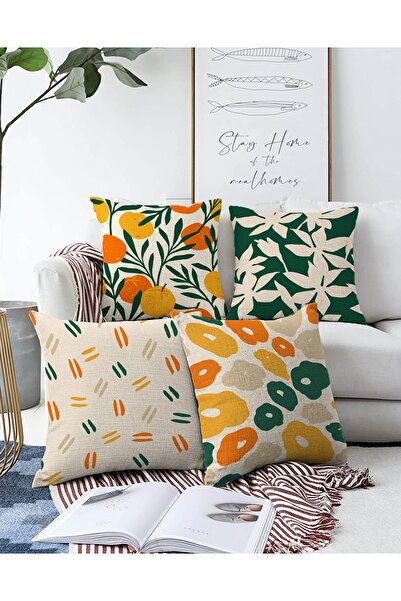 Realhomes 4'lü Çift Taraflı Renkli Zemin Üzerinde Onedraw Çizimli Modern Raşe...