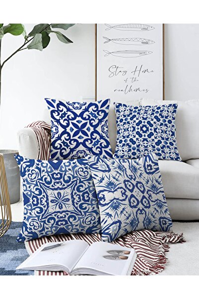 Realhomes 4'lü Çift Taraflı Beyaz Zemin Üzerinde Çini Desenli Modern Raşel Ör...