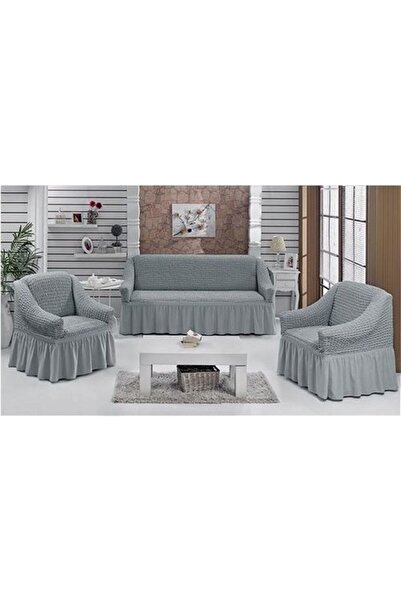 Genel Markalar Lastıklı Gri Renk Bürümcük Oturma Gurubu Kanepe Koltuk Takım Örtüsü 3 +1+1 Kılıf