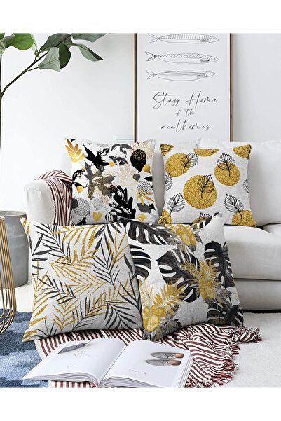 Realhomes 4'lü Çift Taraflı Beyaz Zeminli Gold Detaylı Yaprak Desenli Modern ...
