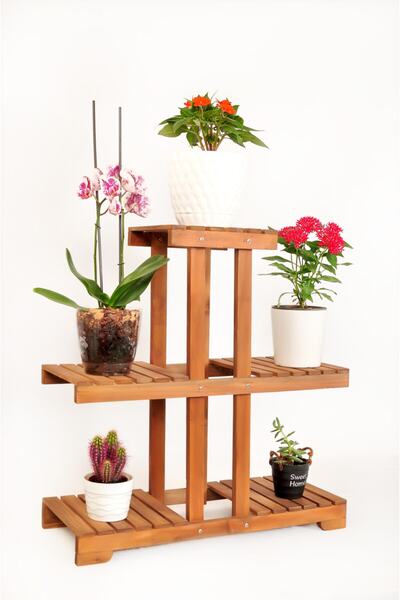 Tahta Bahçesi Saksı Standı - Çiçeklik Rafı - Ahşap Saksılık - Bahçe Dekorasyo...