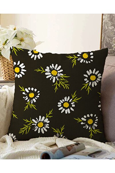 Realhomes غطاء وسادة منسوج حديث من راشيل مطبوع رقميًا بنمط ديزي على أرضية سود...