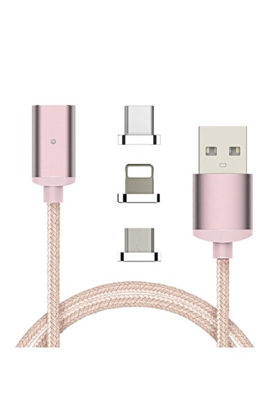 Ally Mobile Iphone Type-c, Android 3 Başlık Manyetik Şarj Usb Kablosu - Rose Gold