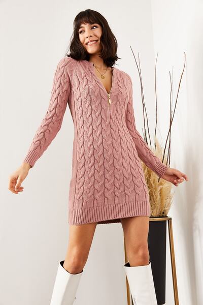Olalook Dámské pletené šaty Dusty Rose se zipem ELB-19001362