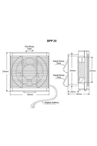 BVN Bahçıvan Bpp 20 Çift Yönlü Kare Plastik Aspiratör 500 M³/h Debi 20 Cm