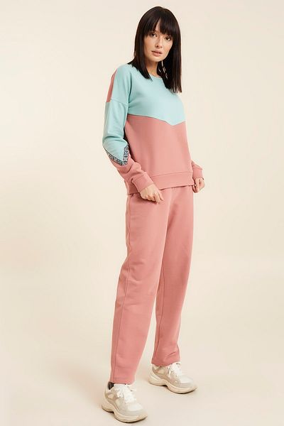 Hanna's by Hanna Darsa Women's Pink Mint Mint Color Blocked Crew Neck Stripe Detailed Knitted Sweatshirt