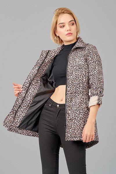 ladyzey Women's Brown Leopard Printed Drawstring Waist Foldable Sleeve Lined Trench Coat