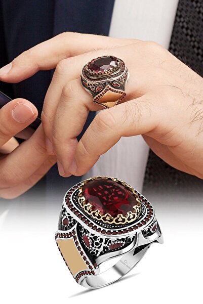 ALYANSEVİM Kırmızı Taşlı Gümüş Erkek Yüzük