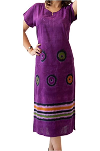 eLm Otantik Etnik Büyük Bedenli Pamuklu Batik Klasik Kısa Kollu Elbise