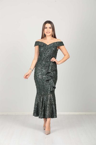 giyimmasalı Boat Neck Skirt Flounce Ruffle Detailed Sequin Dress - Emerald