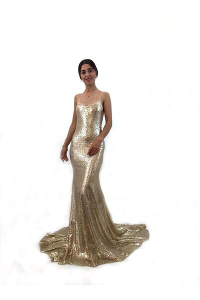 Elifim Moda Gold Pul Payet Zincir Askılı Balık Elbise