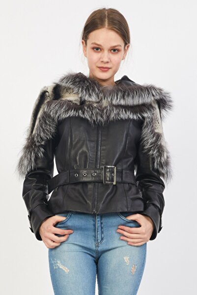 nero leather fur Leather - Kapüşonlu Kadın Hakiki Deri Mont