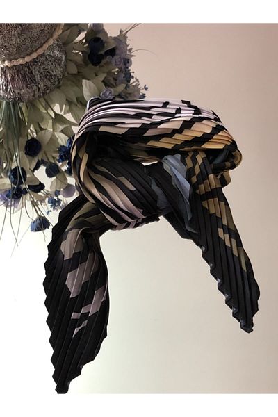 NFS BUTİK Brown & White & Khaki & Black Tones Wave Patterned Pleated Silk Satin Scarf
