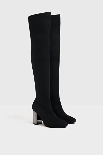 Bershka Metalik Yüksek Topuklu Streç Diz Üstü Çizme.