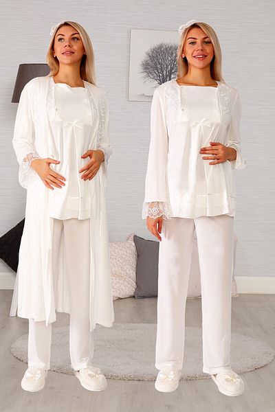 lohusahamile Women's Ecru Easy Breastfeeding Feature Maternity Pajamas Set with Dressing Gown 20124