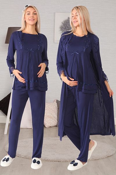 lohusahamile Navy Blue Maternity Pajamas Set with Easy Breastfeeding Feature and Dressing Gown 20124