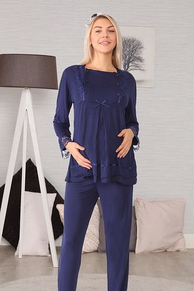 lohusahamile Navy Blue Maternity Pajamas Set with Easy Breastfeeding Feature and Dressing Gown 20124