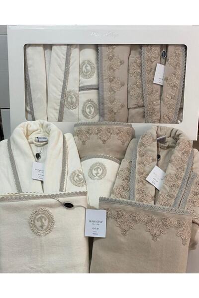 Homestar Velvet Line Şaheser Krem Kahve Aile Bornoz Seti