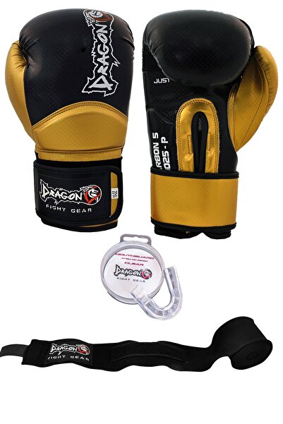 Dragondo Carbon 5 Siyah-altın Renk Boks Eldiveni 10 Oz, Bandaj Siyah Renk Ve Dişlik 3’lü Set