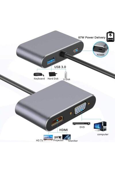 Coverzone Type-C To Hub Pd Hdmi+vga+usb Converter Adapter 4 In 1