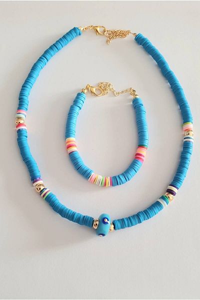EDWOL Fimo Soft Evil Eye Beaded Necklace and Bracelet Set Blue
