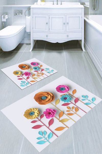 MODANOİVA Three-Dimensional Flower Patterned 2-Piece Bath Mat (50x60 - 60x100)