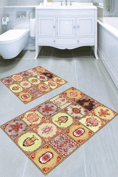 MODANOİVA سجادة حمام مكونة من قطعتين بزخارف زهور عثمانية (50x60 - 60x100)