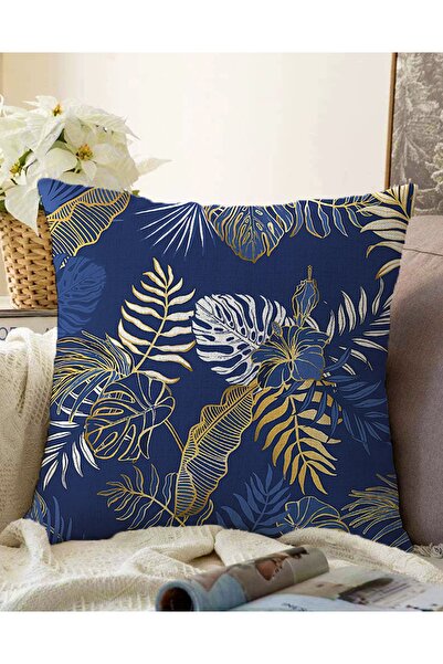Realhomes Çift Taraflı Mavi Zemin Üzerinde Gold Detaylı Yaprak Desenli Modern...