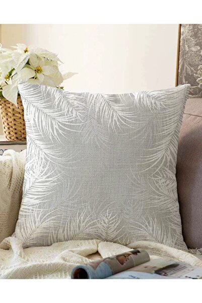 Realhomes غطاء وسادة راشيل حديث مطبوع رقميًا بنمط أوراق بيضاء مع خلفية رمادية...