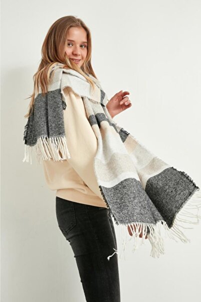 FELLMENS Flc13409 - Γυναικείο σάλι με μοτίβο ψαροκόκαλου σε μαύρο ανθρακί