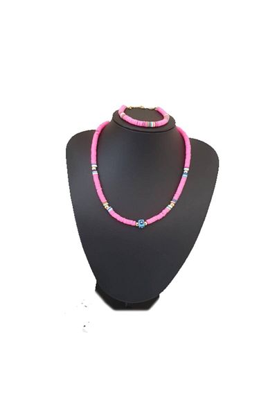 EDWOL Fimo Soft Evil Eye Beaded Necklace and Bracelet Set Pink